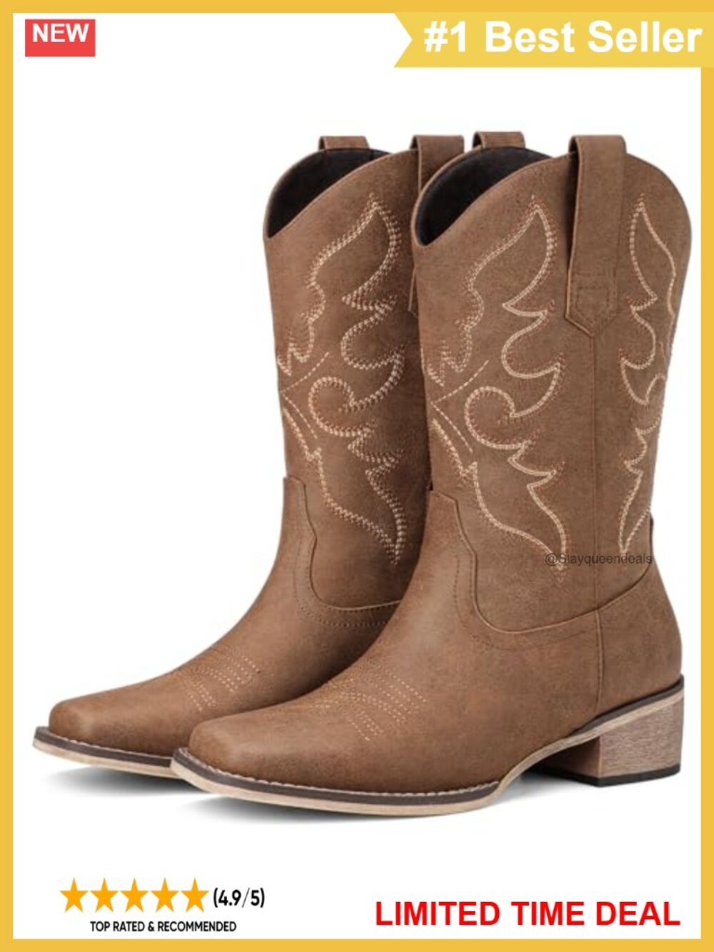 Women's Square Toe Mid Calf Western Cowboy Boots Faux Leather
